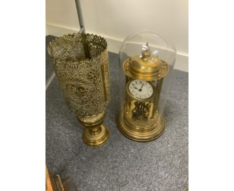 PIERCED ISLAMIC BRASS LAMP TOGETHER WITH EDWARDIAN BRASS MANTLE CLOCK AND GLASS DOME