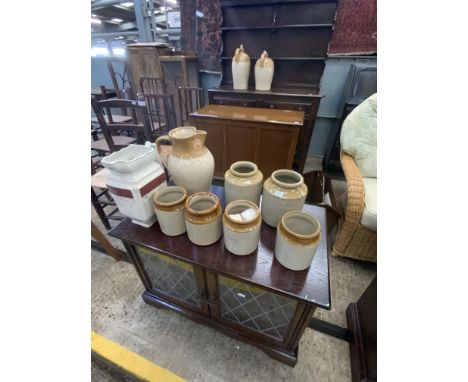 COLLECTION OF STONEWARE, JUG, 6 POTS AND PORCELAIN LIGHT FITTINGS