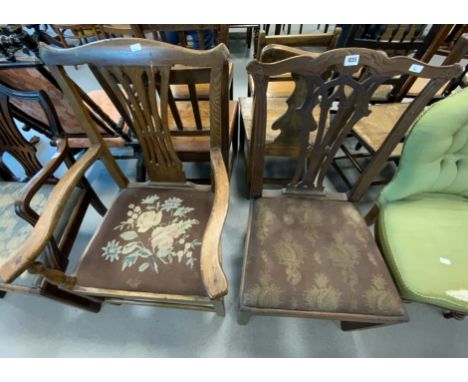 EARLY 19th CENTURY OAK CARVER CHAIR TOGETHER WITH ANOTHER CHIPPENDALE STYLE CHAIR