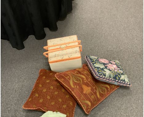 3 TAPESTRY CUSHIONS, SEWING BOX