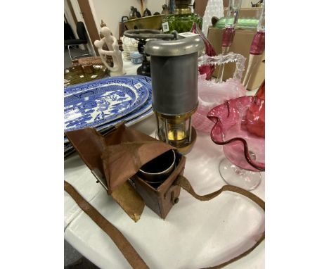 WOLF SAFETY CO LTD SHEFFIELD MINERS LAMP TOGETHER WITH A PAIR OF FIELD GLASSES DAMAGED