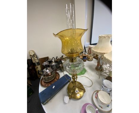 BRASS &amp; CUT GLASS OIL LAMP CONVERTED TO ELECTRICITY