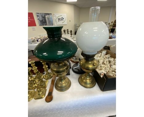 VICTORIAN BRASS OIL LAMP TOGETHER WITH REPRODUCTION OIL LAMP