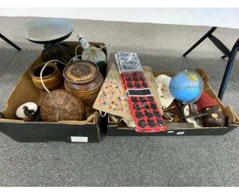 QTY. MISC ITEMS, STONE WARE JARS ETC QTY. MISC ITEMS, STONE WARE JARS, POTTERY LAMP, TINS, BOXES ETC