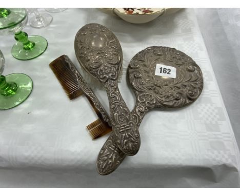 VICTORIAN WHITE METAL BRUSH, COMB AND MIRROR