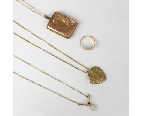 A selection of jewellery, including a 9ct opal pendant, the oval cabochon within wishbone style mount, with trace link chain,