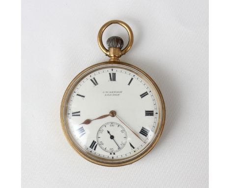A 9ct 'JW Benson, London' open faced pocket watch, the circular white enamel dial with Roman numerals and subsidiary dial to 