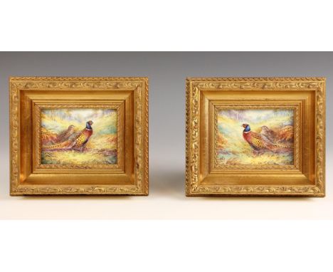 Raymond Poole (British, b.1935),A pair of scenes depicting pheasants in a landscape,Enamel on copper,Each signed,Each 7cm x 9