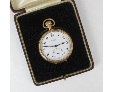 An early 20th century 9ct Butt and Co open faced pocket watch, the circular white enamel dial with Arabic numerals and ‘Butt 