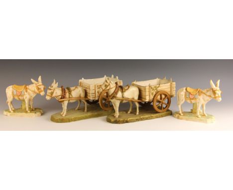 A Royal Dux pony and cart, model number 2029, pink triangle mark to base, 14.5cm high; with a Royal Dux donkey cart, model nu