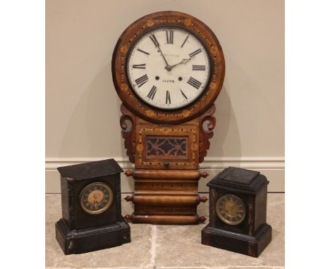 A Victorian walnut and inlaid drop-dial wall clock, the 30cm painted dial signed 'H.Wallwork, Crewe', enclosing the two train