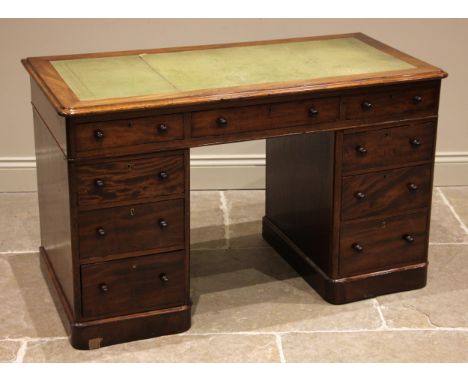 A Victorian mahogany twin pedestal desk, the moulded top inset with a green skiver over three frieze drawers applied with but