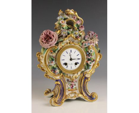 A French porcelain eight-day mantel clock, signed H.ry Marc, Paris, late 19th century, the 8cm enamelled dial within a flower