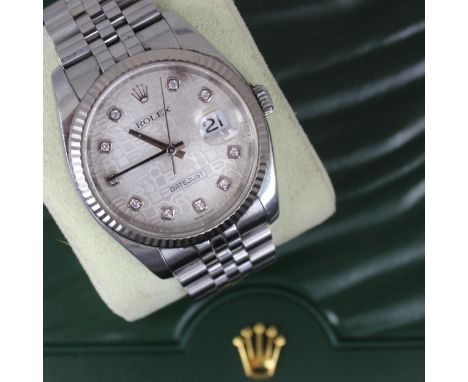 A stainless steel Rolex Oyster Perpetual Datejust wristwatch, Ref: 116234 V322663, the diamond set jubilee dial with date ape