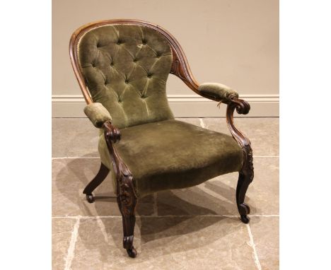 A Victorian walnut framed open armchair, in green velour, with a carved show wood frame, scroll arm terminals, upon cabriole 