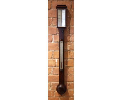 An early 19th century mahogany stick barometer, signed 'Desbois Grays Inn Passage London', the caddy top over a 17cm silvered