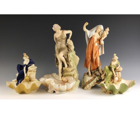A Royal Dux figural centrepiece modelled as a maiden stepping into a clam shell, early 20th century, model number 467, pink t