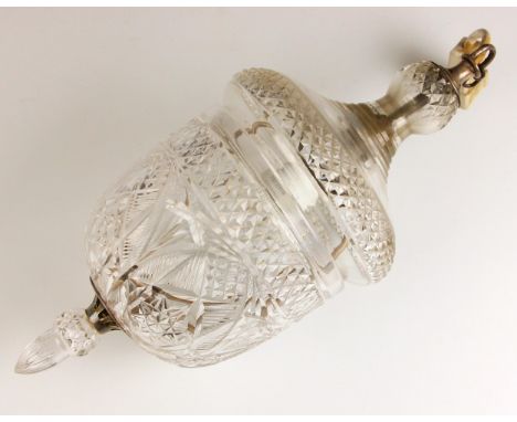 A cut glass ceiling pendant light, early to mid 20th century, of acorn form, applied with hob nail and star cut detail, 35cm 
