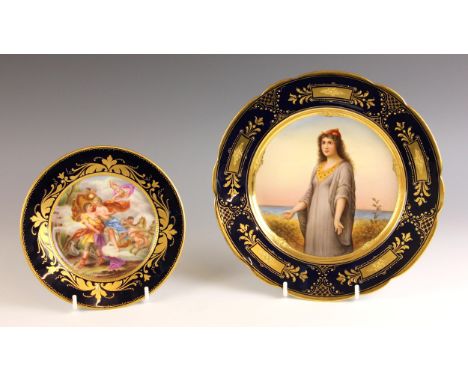 An Austrian 'Vienna' cobalt blue cabinet plate, 19th century, the well enamelled with a scene of classical figures and cherub