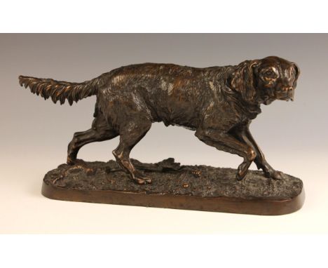 After Pierre-Jules Mene (French, 1810-1879), a patinated bronze model of a retriever, on naturalistic ground, indistinct foun