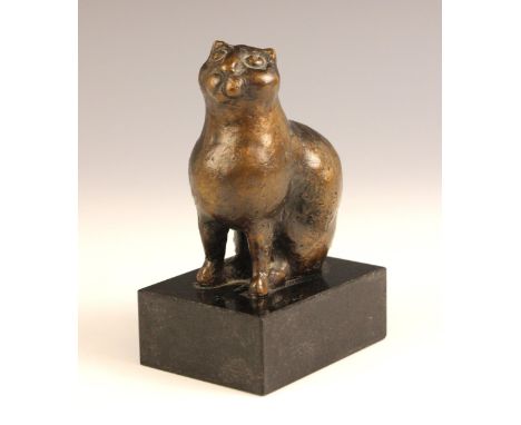 Oreste Dequel (Yugoslavian, 1923-1985), 'Gattino', a patinated bronze model of a seated cat, set to a black marble plinth, 12