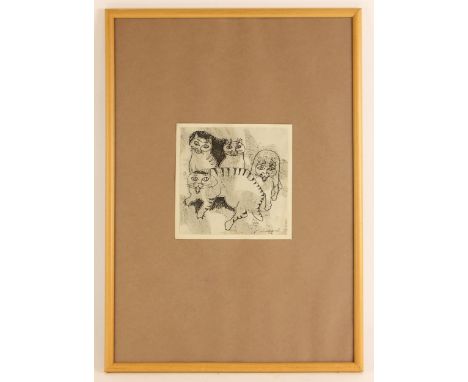 Oreste Dequel (Yugoslavian, 1923-1985),Portrait of a family of cats,Pen and ink on monochrome marbled paper,Signed lower righ