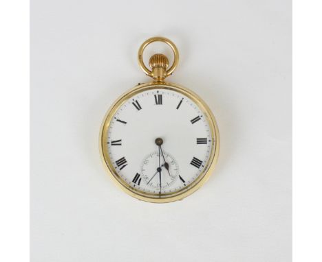 An early 20th century yellow metal open faced pocket watch, the circular white enamel dial with Roman numerals and subsidiary