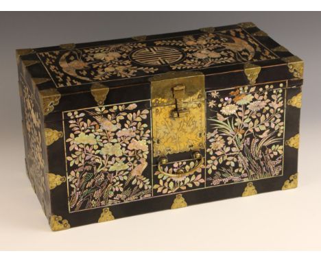 A Chinese Lac-Burgaute mother of pearl inlaid box, 19th century, the rectangular shaped box with brass mounts and inlaid thro