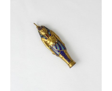 A gilt metal Egyptian 'mummy' propelling pencil, the figure decorated with enamel detail and indistinctly stamped pendant bal
