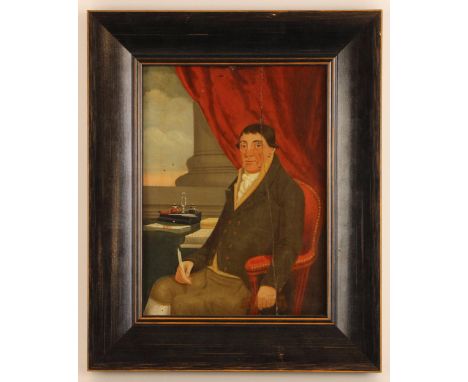 English school (19th century),Three quarter length portrait of a gentleman seated at a desk, quill pen in hand,Oil on panel,I