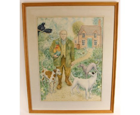 English school (late 20th century),'Old Man', a full length portrait of an old man with dogs, birds and cottage,Watercolour o