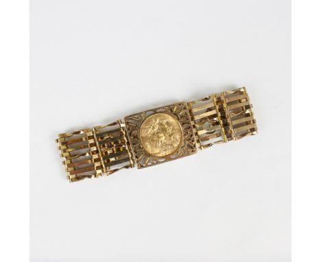 A George V full sovereign mounted bracelet, the sovereign dated 1911, within a gate link bracelet suspending 9ct heart shaped