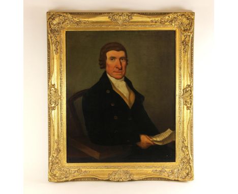 English school (late 18th century),A half length portrait of a seated gentleman holding a document,Oil on canvas,Unsigned,74c