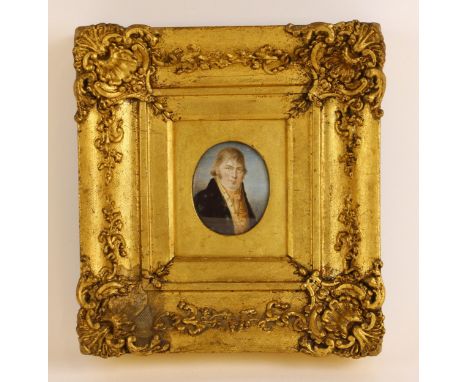 English school (19th century),An oval portrait miniature depicting a gentleman in orange cravat,Watercolour on ivory,6.5cm x 