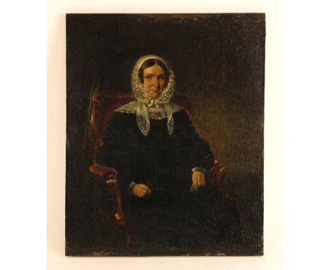 English school (19th century),A three quarter length portrait of a seated Victorian matriarch in lace bonnet,Oil on panel,Uns