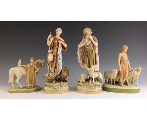 A Royal Dux figure modelled as a maiden in classical robes with turkeys at her feet, early 20th century, model number 386, pi