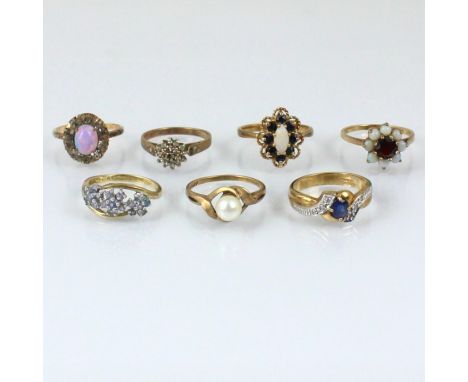 A group of six 9ct gold dress rings, including two opal cluster examples, ring size O 1/2, a diamond cluster example, ring si
