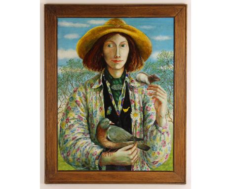 Circle of Jerzy Marek (Polish, 1924-2014),Portrait of a lady holding a pigeon and a rat,Oil on board,Unsigned,58.5cm x 44.5cm