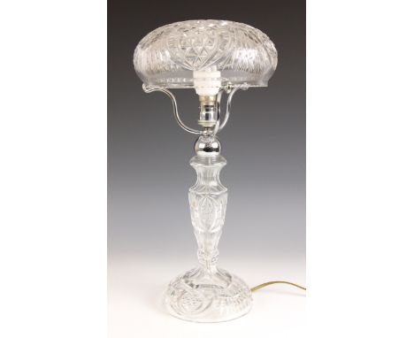 A contemporary cut glass table lamp in the manner of Waterford, the domed shade raised on baluster stem and domed foot, 44cm 