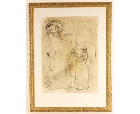 Oreste Dequel (Yugoslavian, 1923-1985),Portrait of two cats,Mixed media on paper,Signed lower right,50.5cm x 37cm,Framed and 