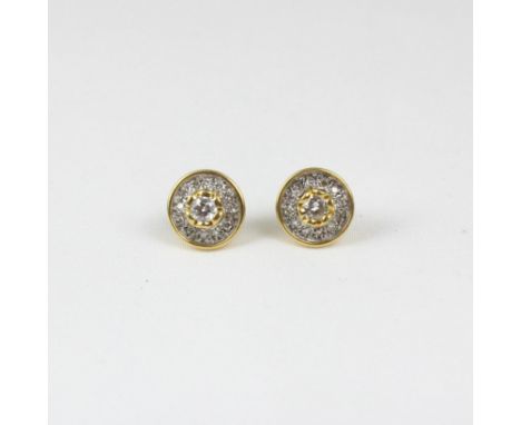 A pair of 18ct yellow gold diamond cluster earrings, the round cut diamond within surround of twelve smaller round cut diamon
