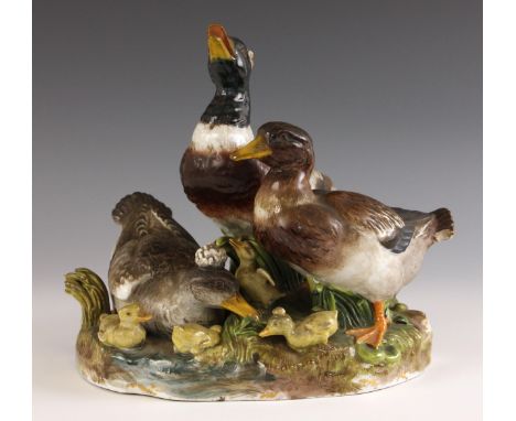 A Meissen porcelain duck group, 20th century, model number G165, designed by August Ringler circa 1866, under glaze blue cros