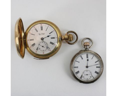 A late 19th century gold plated chiming pocket watch, the circular white enamel dial with Roman numerals and subsidiary dial 