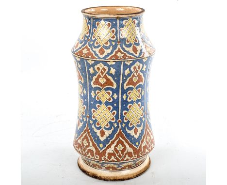 A French pottery albarello, with hand painted and glazed Iznik style decoration, height 26cmNo chips cracks or repairs, paint