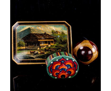 A 19th century trinket box with printed Alpine scene lid, length 13.5cm, a Luzern specimen wood darning ball, and another sma