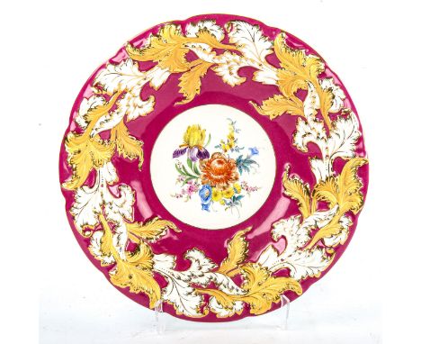 A Meissen porcelain table centre bowl, hand painted botanical centre panel in red and gilt border, diameter 31cmPerfect condi