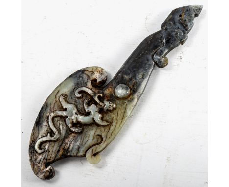A Chinese relief carved jade ceremonial axe, length 29cm 
