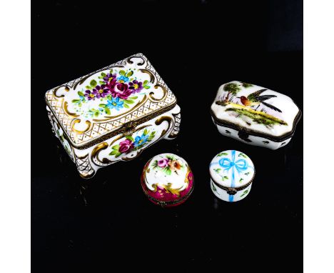 A Limoges porcelain trinket box decorated with flowers, length 9.5cm (A/F), a Limoges spherical trinket box, and 2 other porc