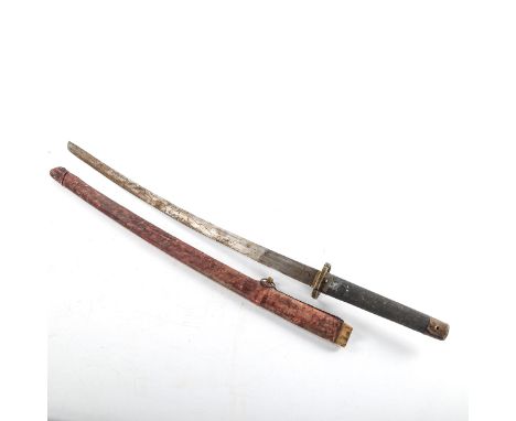 A Japanese sword, probably mid-20th century, with cast and pierced brass tsuba and leather-bound scabbard, blade length 69cmB