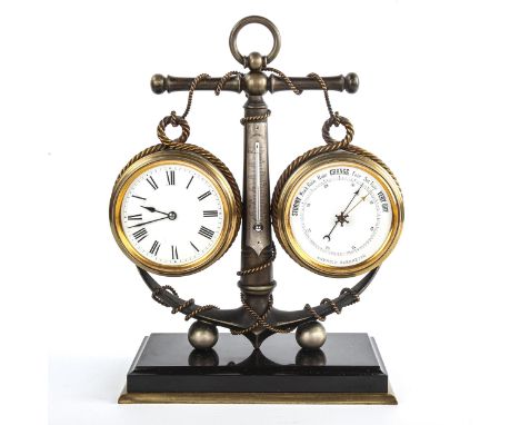 A Victorian combination clock/barometer/thermometer in brass anchor design mount, on brass-mounted black marble base, height 